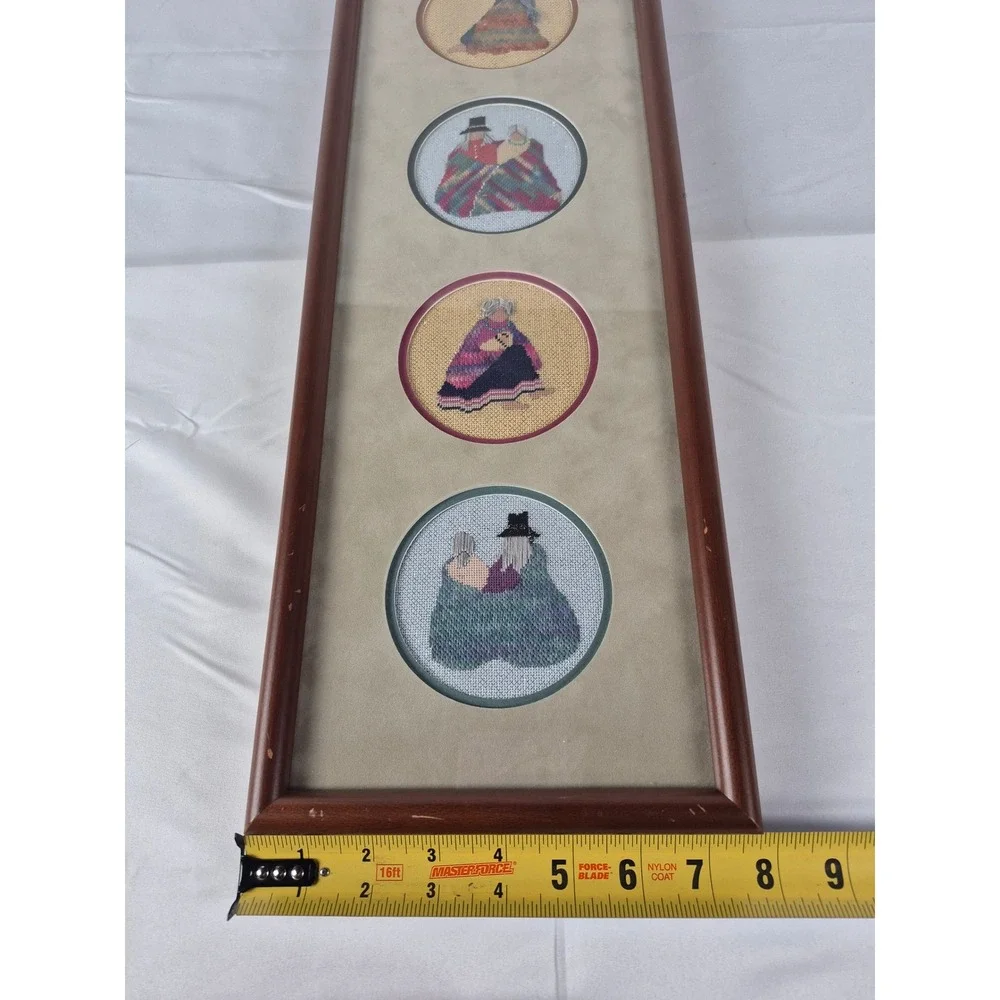 Vintage Southwestern Needlepoint Wall Art Framed Cross‎ Stitch Figures 4 Panels